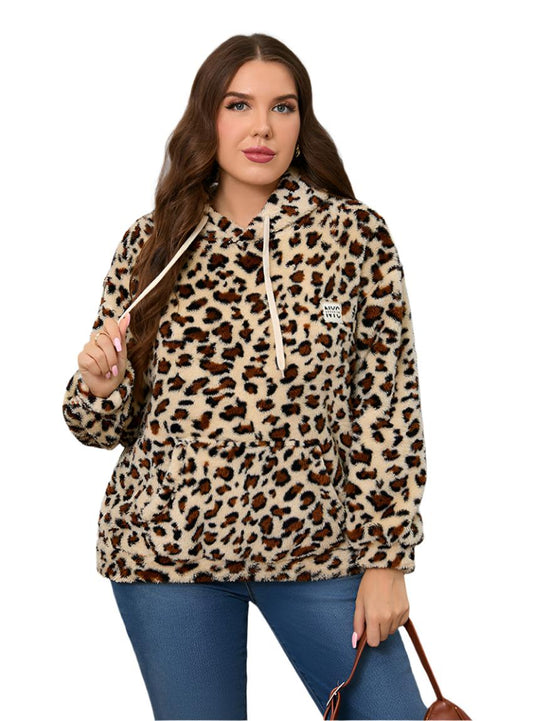 Front view of leopard print plush hoodie featuring soft fabric and bold pattern.
