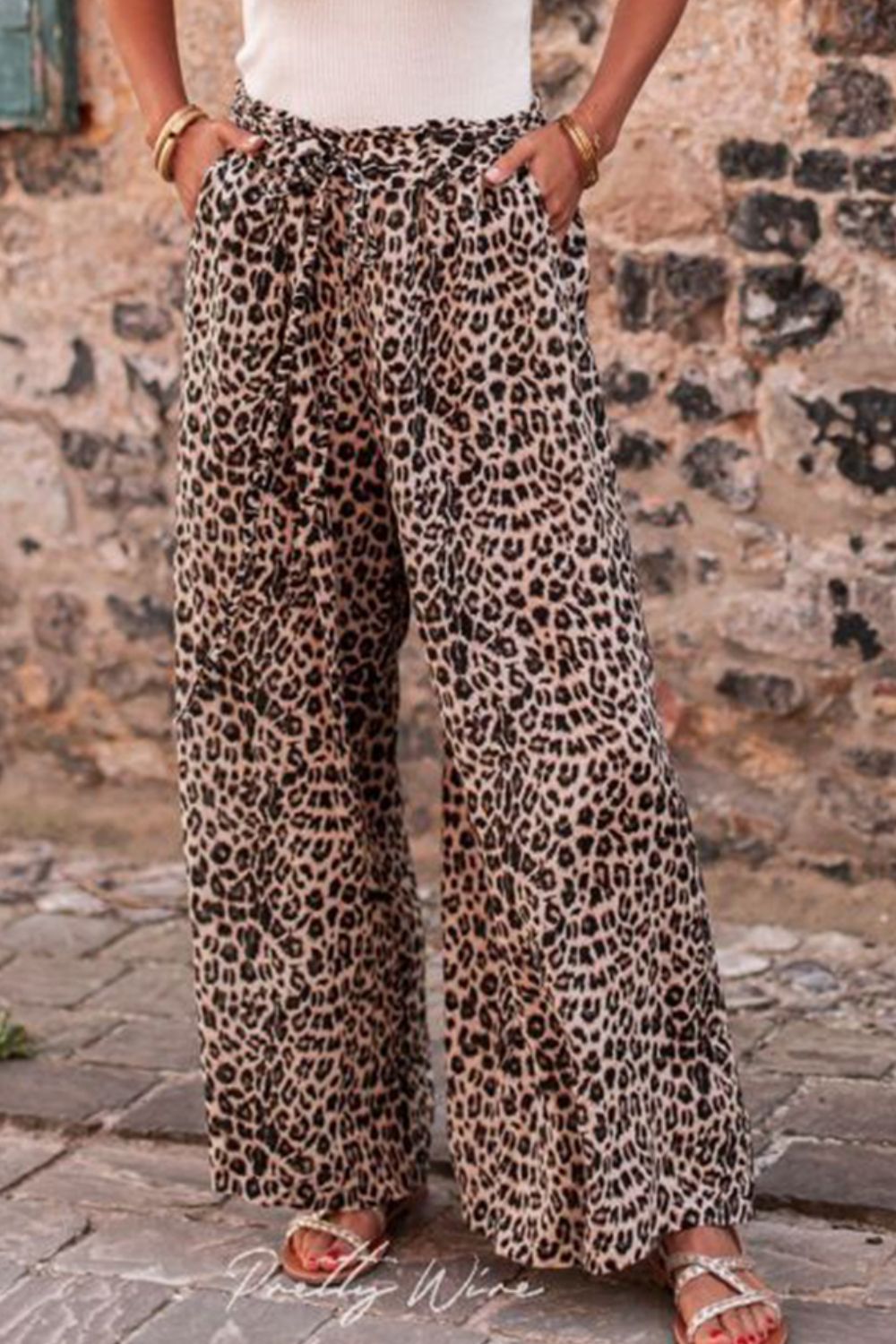 High waist leopard print pants with drawstring and wide leg