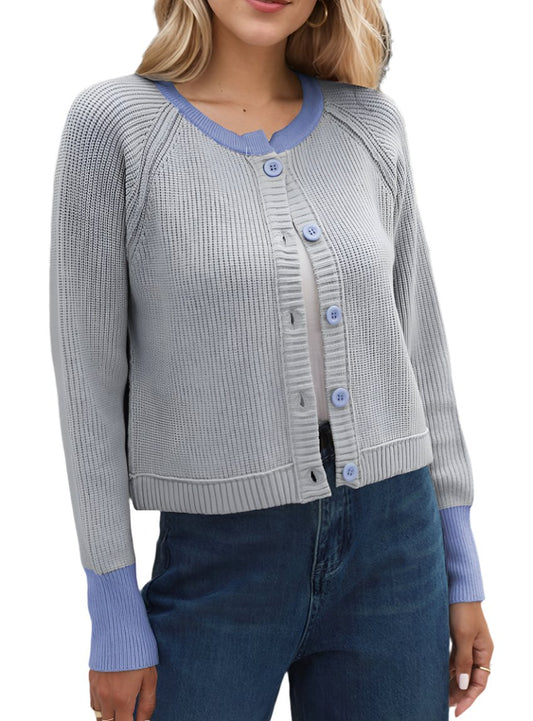 Light gray cardigan with blue trim, offering a modern look with a button-down front, ideal for layering.