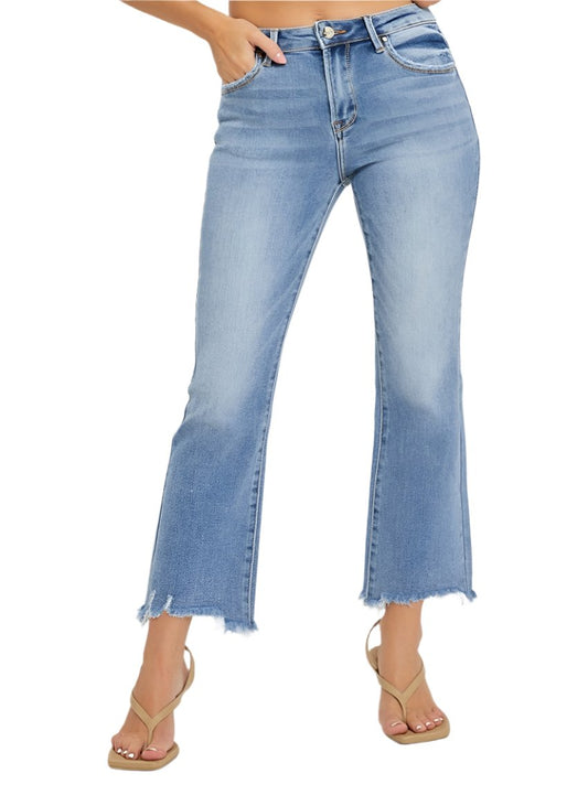 Front view of RISEN frayed hem cropped straight jeans in light-wash denim
