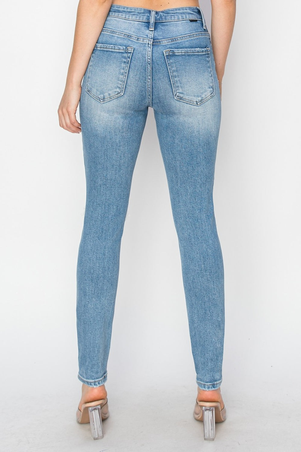 RISEN Jeans | High Rise Distressed Knee Skinny Leg