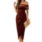 Brown midi dress styled with ruched details and graceful draping.
