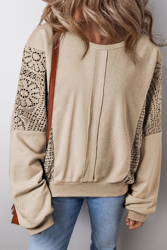 Tan lace sleeve sweatshirt with relaxed fit for women
