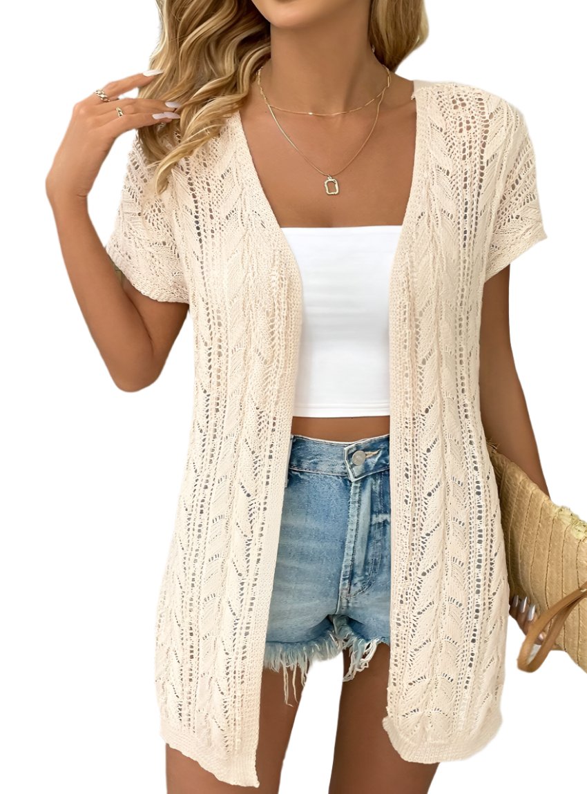 Lightweight Open Knit Cardigan in beige, featuring a delicate leaf-patterned design and open-front style, perfect for summer layering.