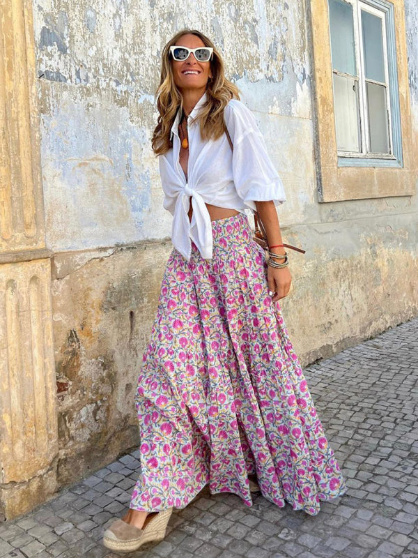 Lightweight pink bohemian maxi skirt perfect for spring-summer resort wear.






