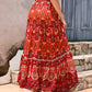 Full-length image of a lightweight red boho maxi skirt with an A-line design.






