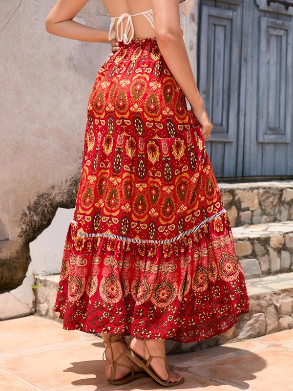 Full-length image of a lightweight red boho maxi skirt with an A-line design.






