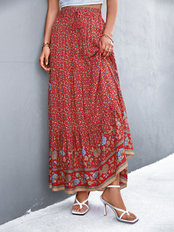 Lightweight red floral long skirt styled for spring and summer occasions.
