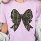 Bella + Canvas lilac tee featuring a stylish camo bow graphic design.
