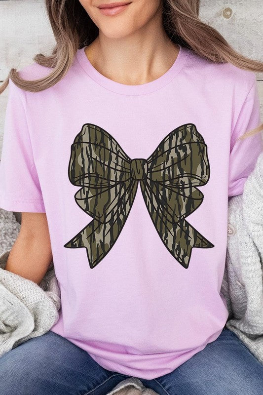 Bella + Canvas lilac tee featuring a stylish camo bow graphic design.
