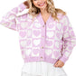 Front view of lilac checkered heart button down cardigan
