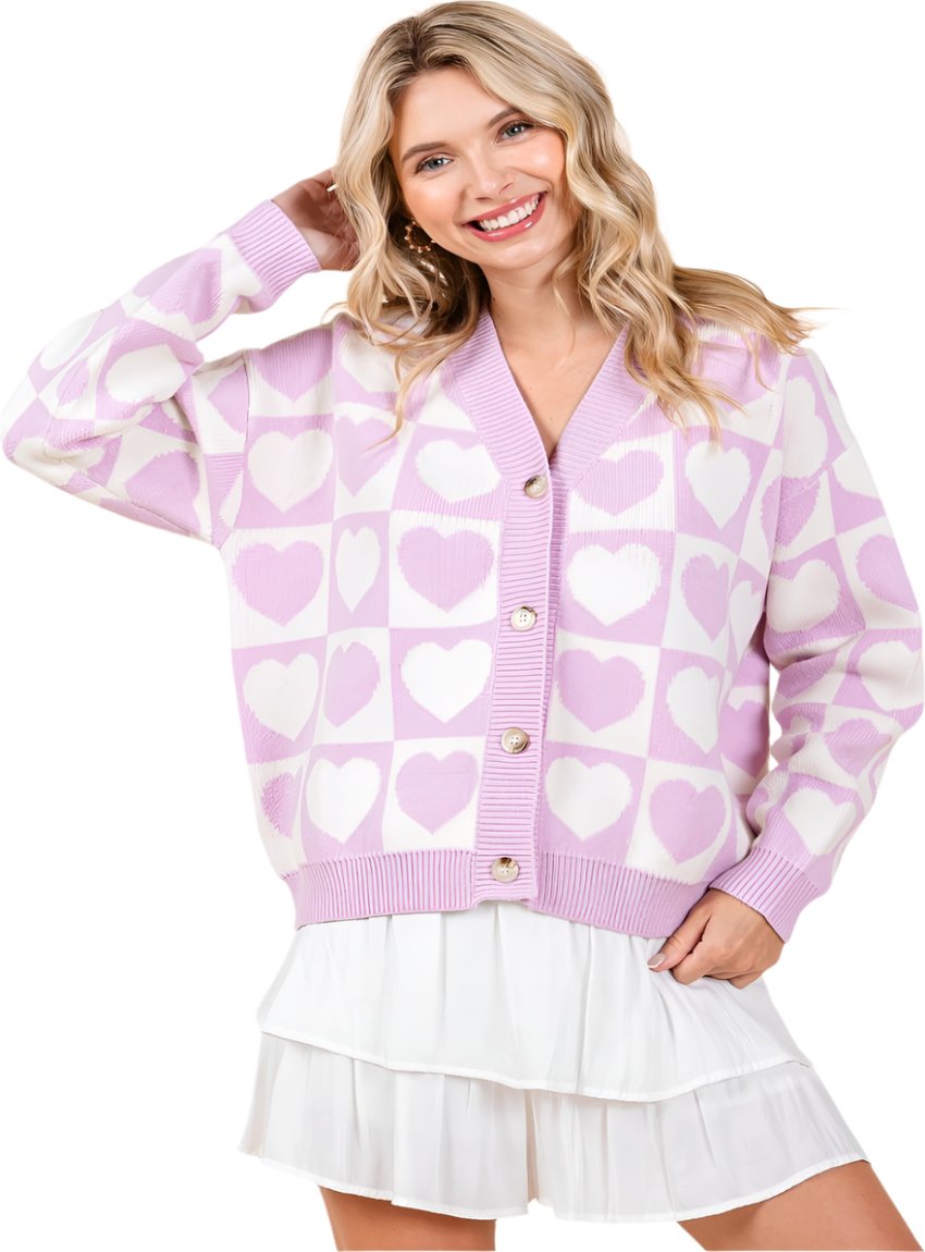 Front view of lilac checkered heart button down cardigan
