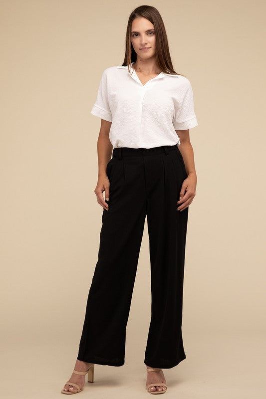 Black waffle trouser pants with tailored fit
