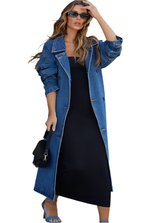 Front view of blue denim trench coat with belted waist and lapel collar
