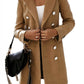 Long khaki coat styled for autumn and winter layering with a chic design.
