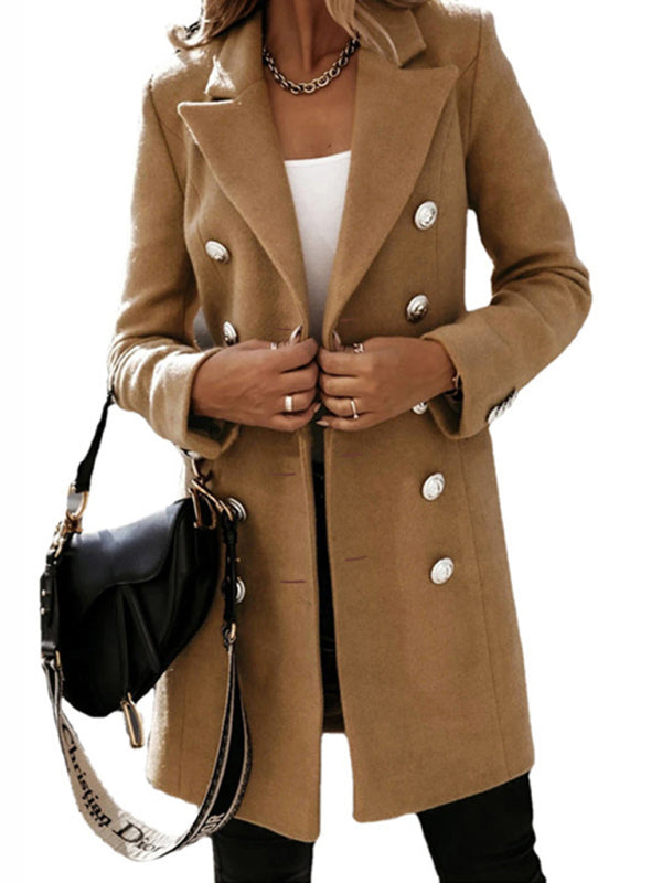 Long khaki coat styled for autumn and winter layering with a chic design.
