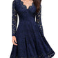 Front view of long-sleeve navy lace dress with scalloped neckline and A-line fit.
