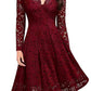 Front view of long-sleeve red lace dress with scalloped neckline and A-line fit.
