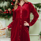 Long sleeve red velvet dress perfect for holiday parties and gatherings
