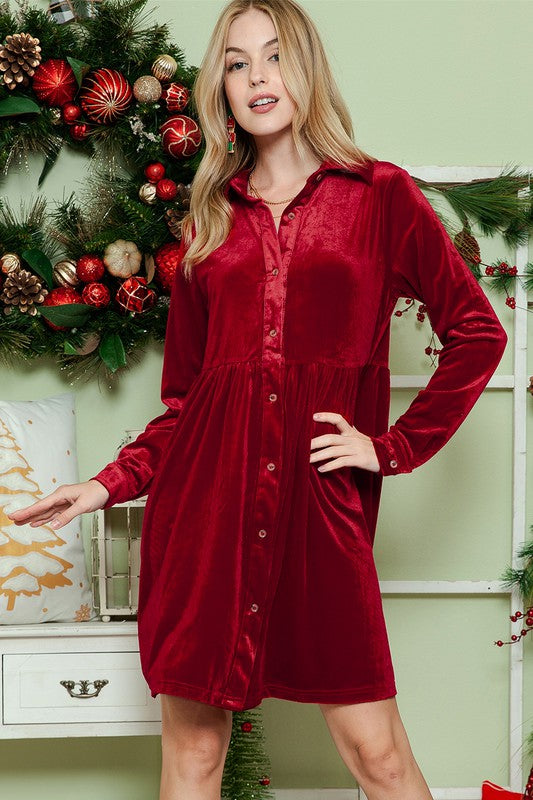 Long sleeve red velvet dress perfect for holiday parties and gatherings
