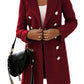 Front view of a wine double-breasted woolen coat with classic lapel collar.
