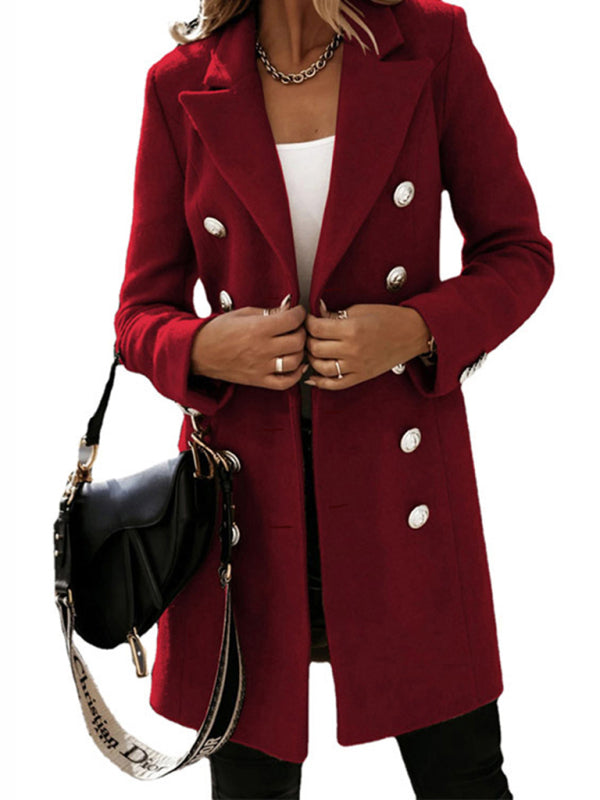 Front view of a wine double-breasted woolen coat with classic lapel collar.
