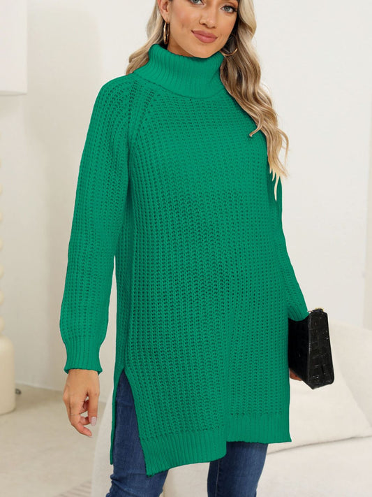 Warm green turtleneck sweater with chic side slits for casual wear.
