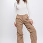 Front view of loose-fit cargo pants in khaki with an elastic waistband.
