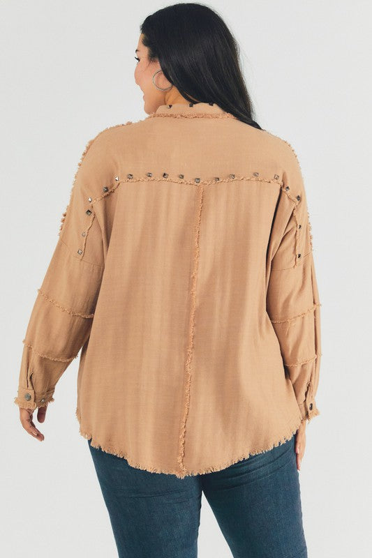 Camel-colored button-down oversized shirt for plus-size women.
