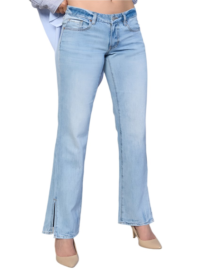 Front view of low-rise straight-leg jeans in light wash with hem slit.