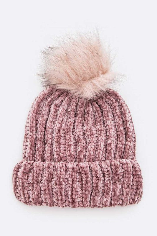 Luxurious mauve chenille beanie featuring chunky knit texture and fur pom

