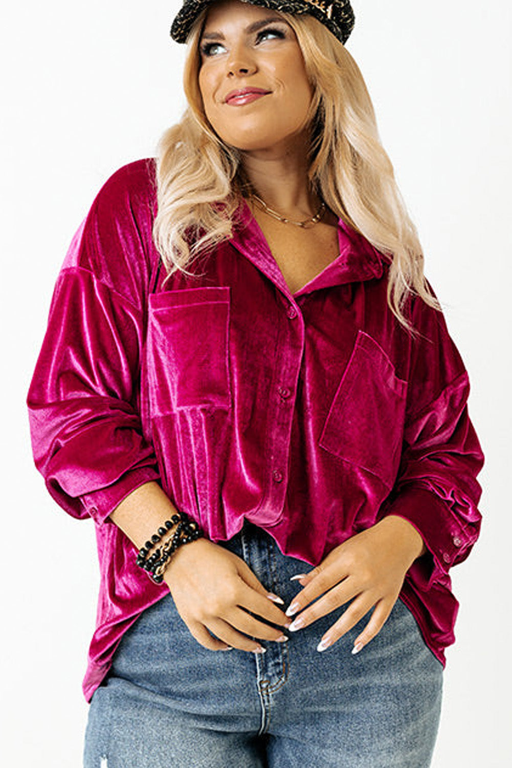 Soft magenta velvet button-down top perfect for layering.
