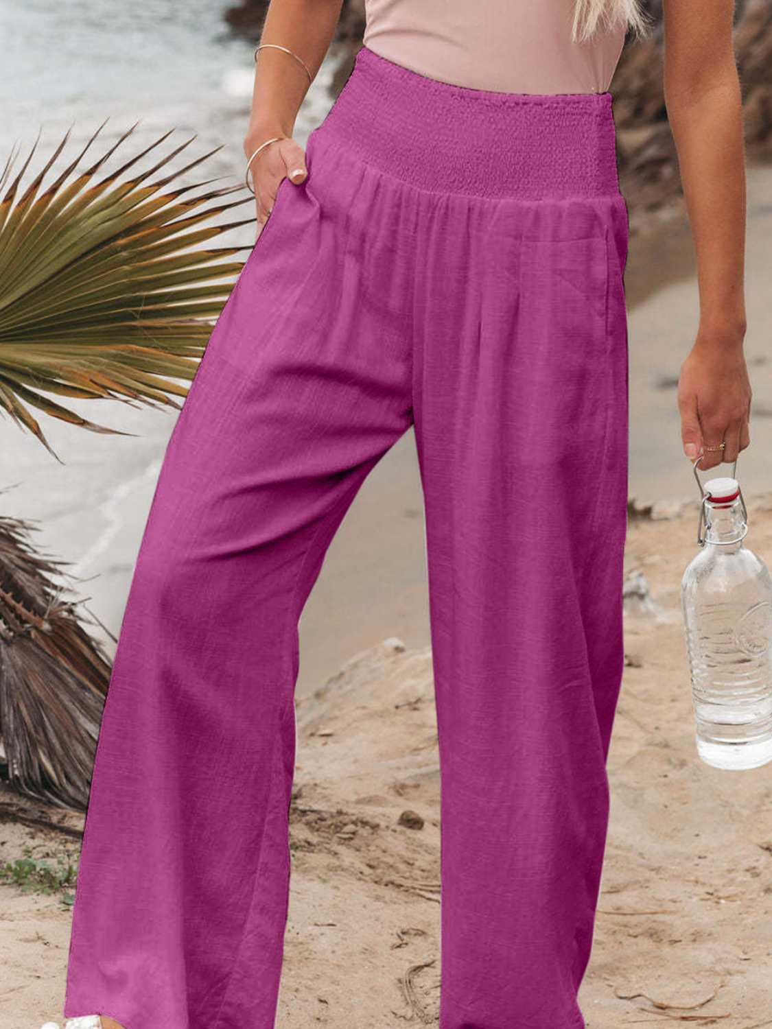 Magenta smocked waist wide leg pants with pockets
