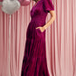 Tiered magenta velvet dress with convenient pockets and elegant design
