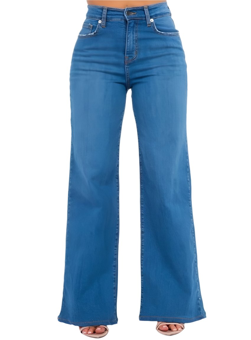 GJG high-rise, wide-leg denim jeans in a medium blue wash.
