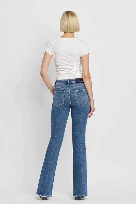 Women's VERVET high-rise jeans with slant hem and retro flare cut.
