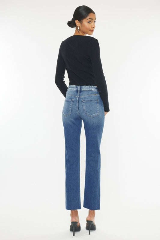 Kancan slim straight jeans in medium wash denim with frayed hem.