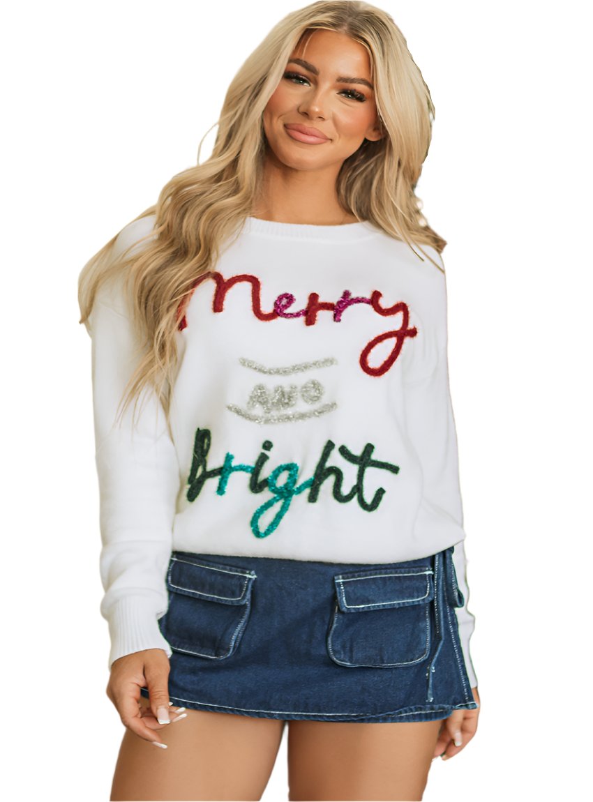 Front view of the "Merry & Bright" tinsel sweater in white, perfect for spreading holiday cheer.

