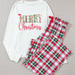 Two-piece Christmas pajama set featuring plaid pants and a "Merry Christmas" top.
