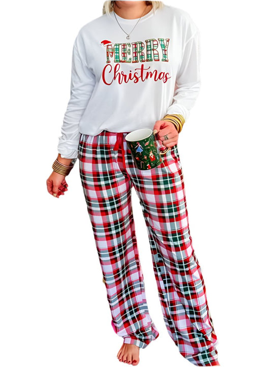 Festive two-piece Christmas pajama set with plaid pants and "Merry Christmas" top.
