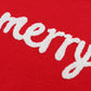 Red sweater with turtleneck and embroidered "Merry" lettering for a festive look
