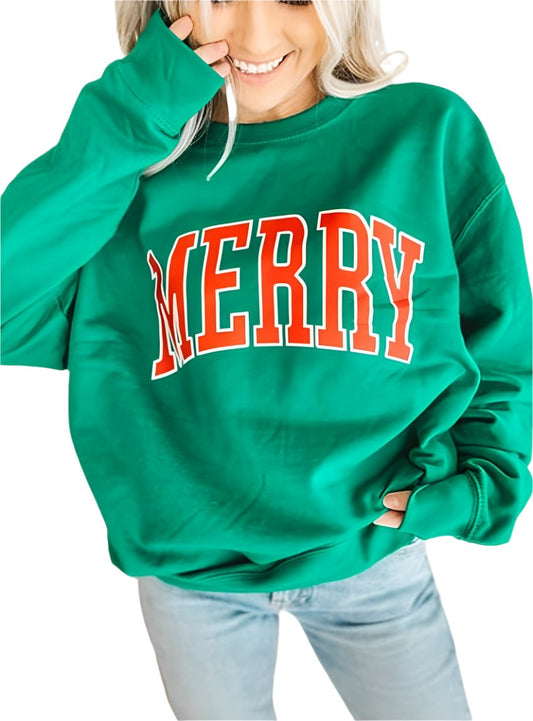 Women’s green Merry Letter Print sweatshirt with drop sleeves and bold lettering, front view.
