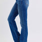 Women's dark wash mid-rise jeans featuring a classic bootcut silhouette
