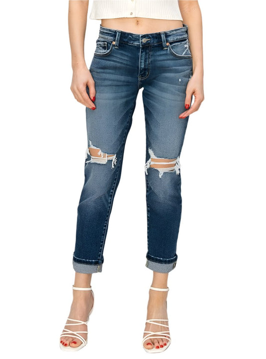 Mid-rise vintage boyfriend jeans with distressed details and relaxed fit.
