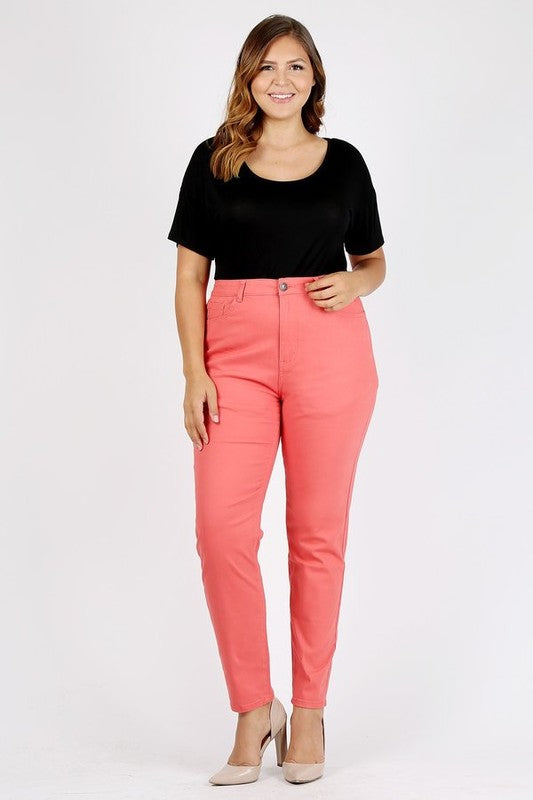 Comfortable high-waist coral stretch jeans for plus-size women.
