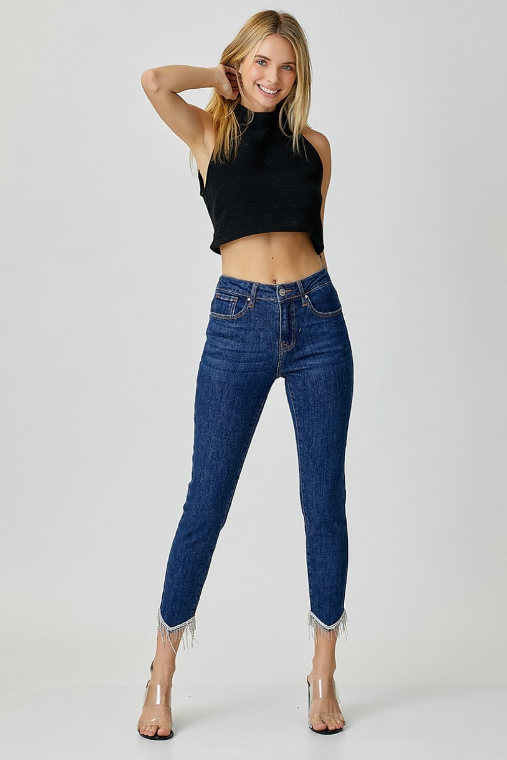 Embellished Mid Rise Crop Skinny Leg RISEN Jeans