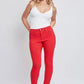 Bold red denim jeans with a flattering skinny fit and mid-rise waist.
