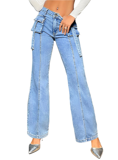 Light wash mid-rise straight jeans with cargo pocket detailing
