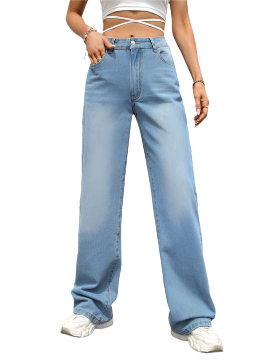 Light wash mid-rise wide-leg jeans with a relaxed silhouette
