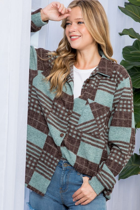 cozy mint plaid flannel shacket, oversized fit for comfort
